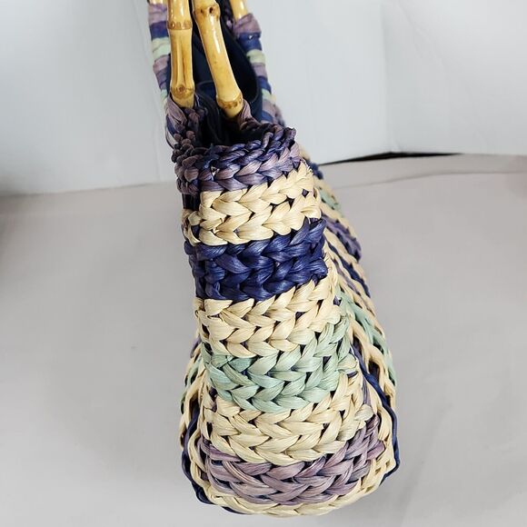 tropical trends purple striped colorful‎ Straw Woven Handbag round Bamboo Handle - Picture 6 of 10